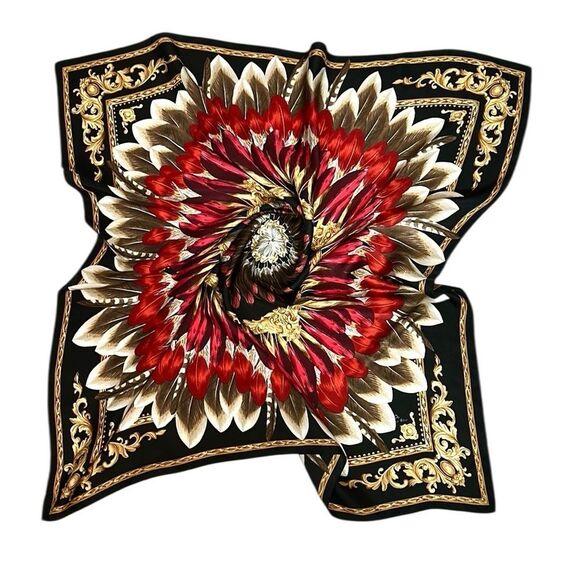 Echo Feather Pow Wow Silk Scarf Feather Pattern Red Taupe Black Gold Details - Picture 4 of 12